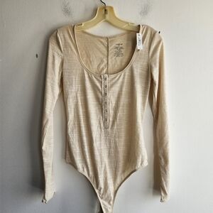NWT Adore Me Beige Henley Style Long Sleeve Thong Bodysuit size Small